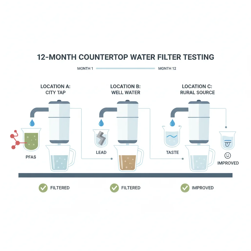 12-month countertop water filter testing with real tap water from different locations showing PFAS, lead, and taste evaluation