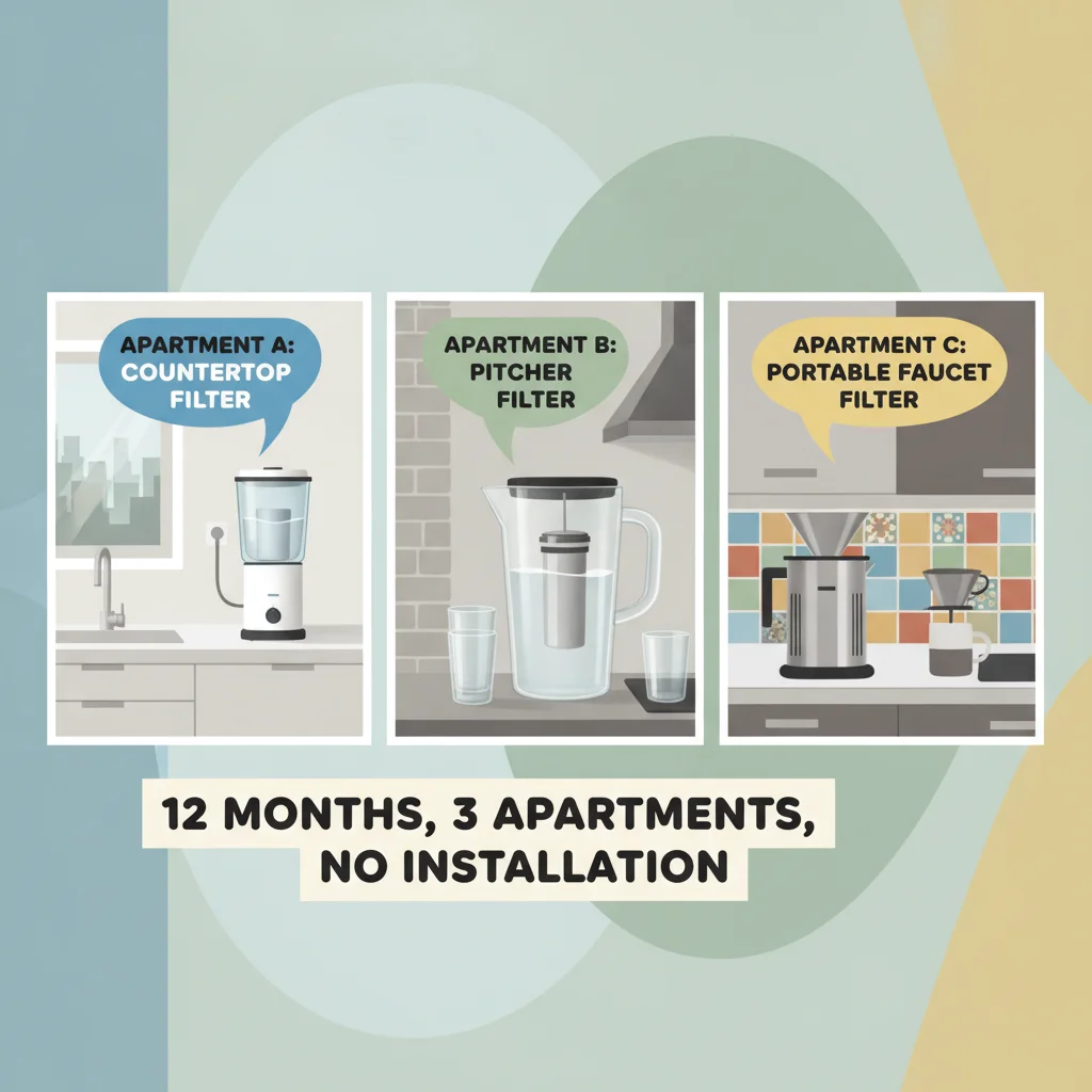 12-month portable water filter testing in real apartments showing countertop and pitcher-style filters in rental housing with no installation