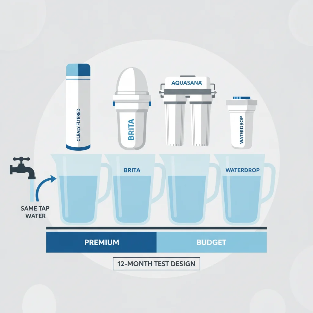 12-month premium vs budget water filter test showing Clearly Filtered, Brita, Aquasana, and Waterdrop filters with the same tap water