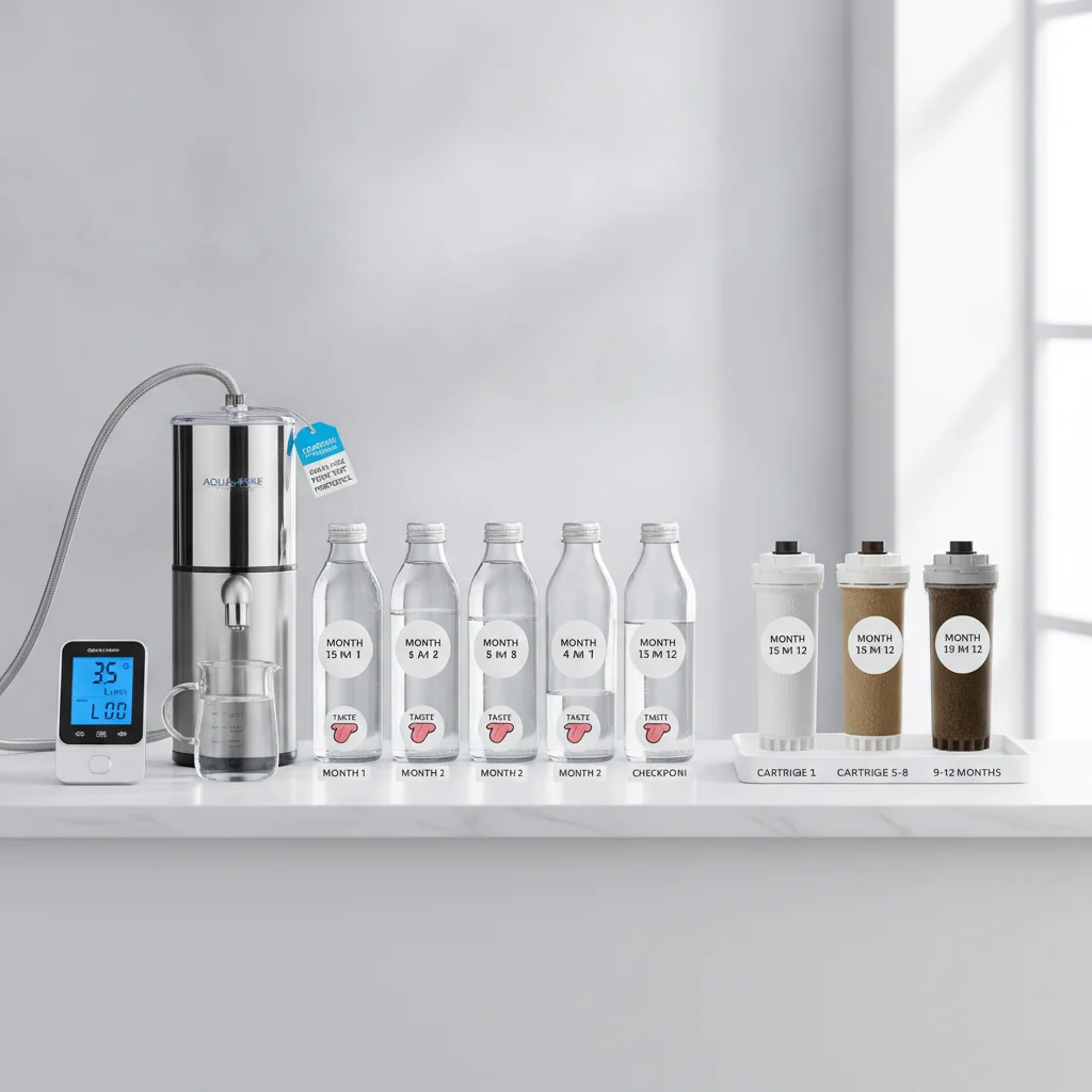 12-month countertop water filter long term performance test setup with flow, taste, and cartridge checkpoints