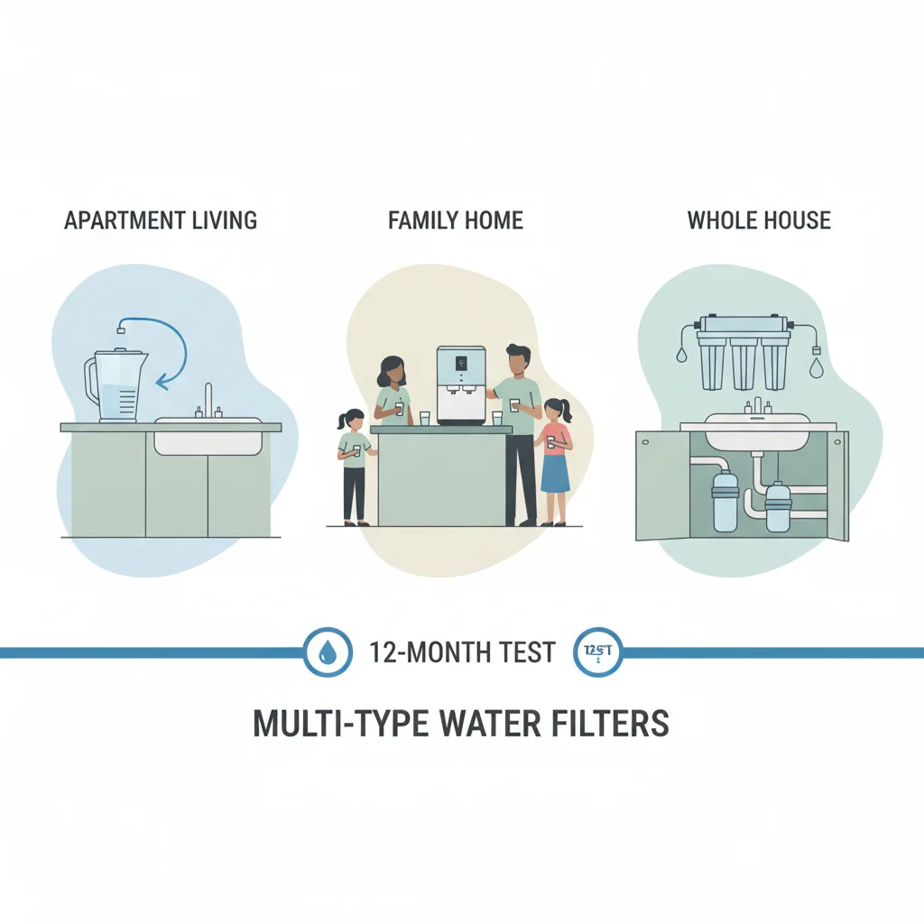 12-month multi-type water filter testing showing pitcher-style, countertop dispenser, and under-sink filters in real homes with different living situations