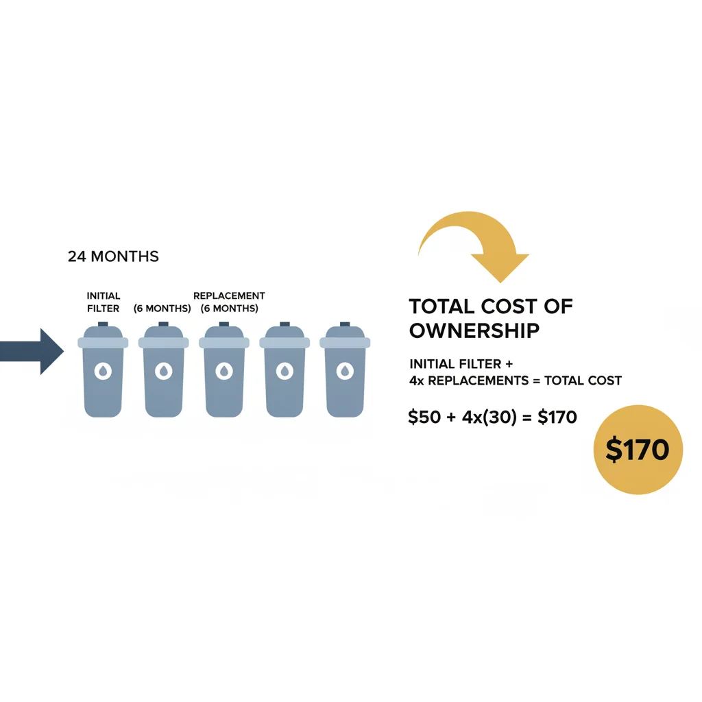 24-month water filter replacement cost tracking showing replacement cartridges and total cost of ownership calculations