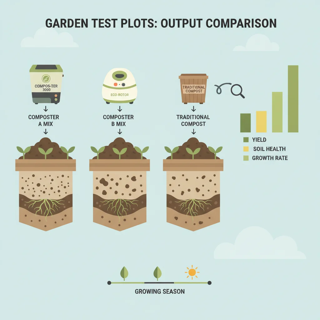 Garden test plots showing how output from different electric composters performed when mixed into real soil over a growing season