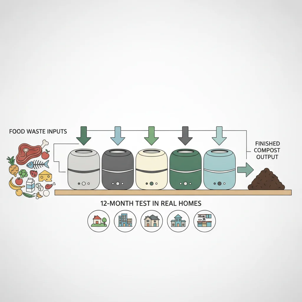 12-month electric kitchen composter test setup showing the five machines and the range of food waste fed to them including meat, bones, and dairy