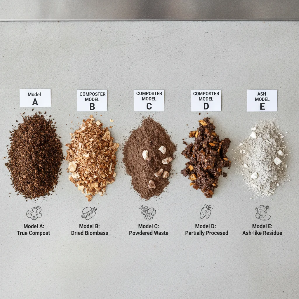 Comparison of finished output from five electric kitchen composters after 6-12 months of real household use with meat, bones, and dairy