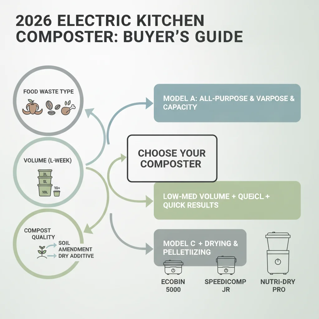 Decision guide for choosing an electric kitchen composter based on household food waste types, volume, and expectations for finished compost quality