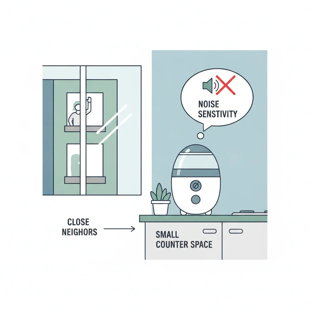 Apartment kitchen constraints for electric composters showing small counter space, close neighbors, and noise sensitivity considerations