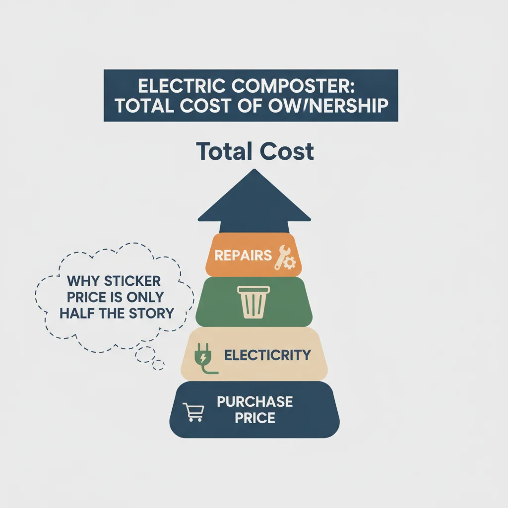 Infographic breaking down electric composter total cost of ownership into purchase price electricity filters and repairs