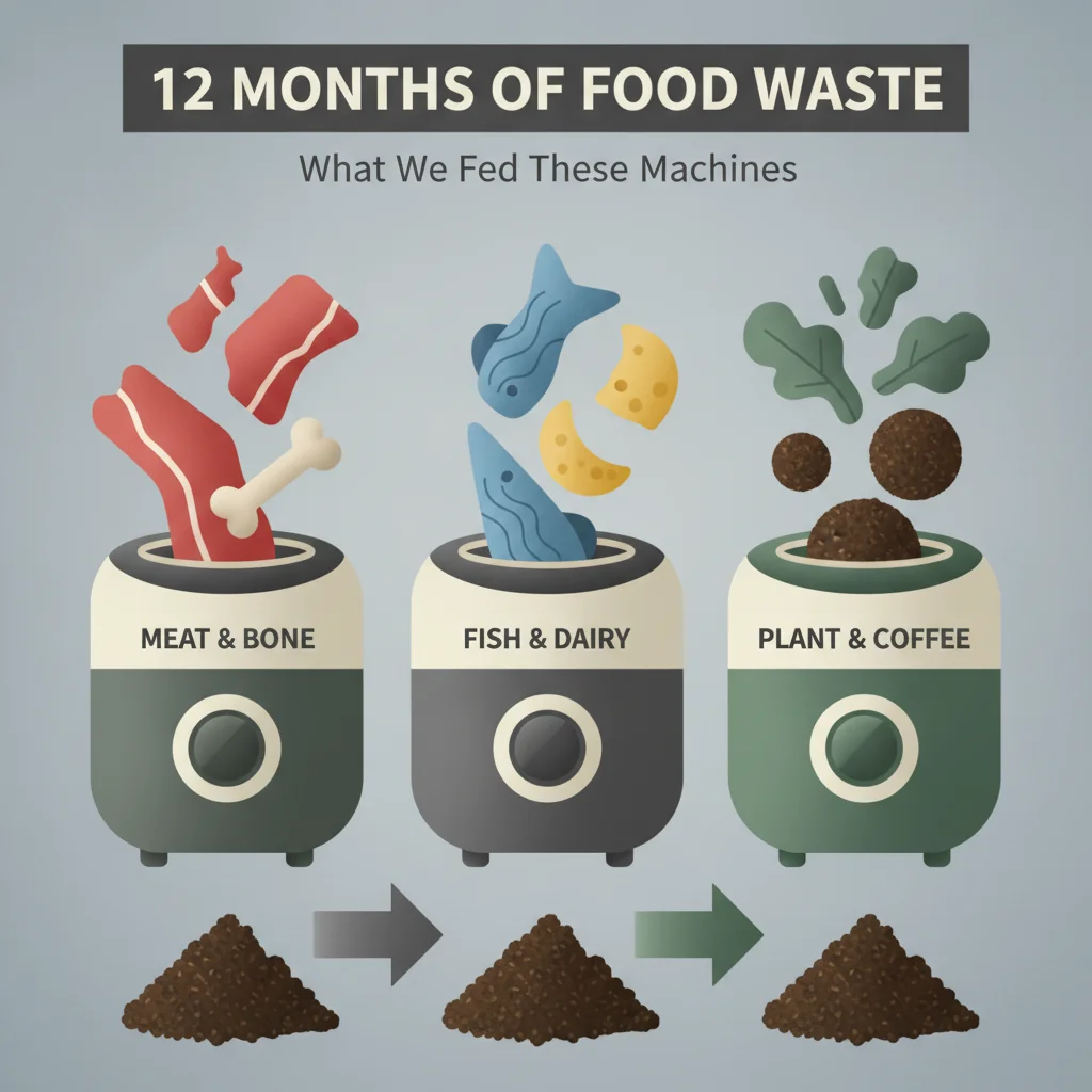 Real household food waste fed to electric composters including meat trimmings, chicken bones, fish scraps, cheese rinds, and coffee grounds over 12 months