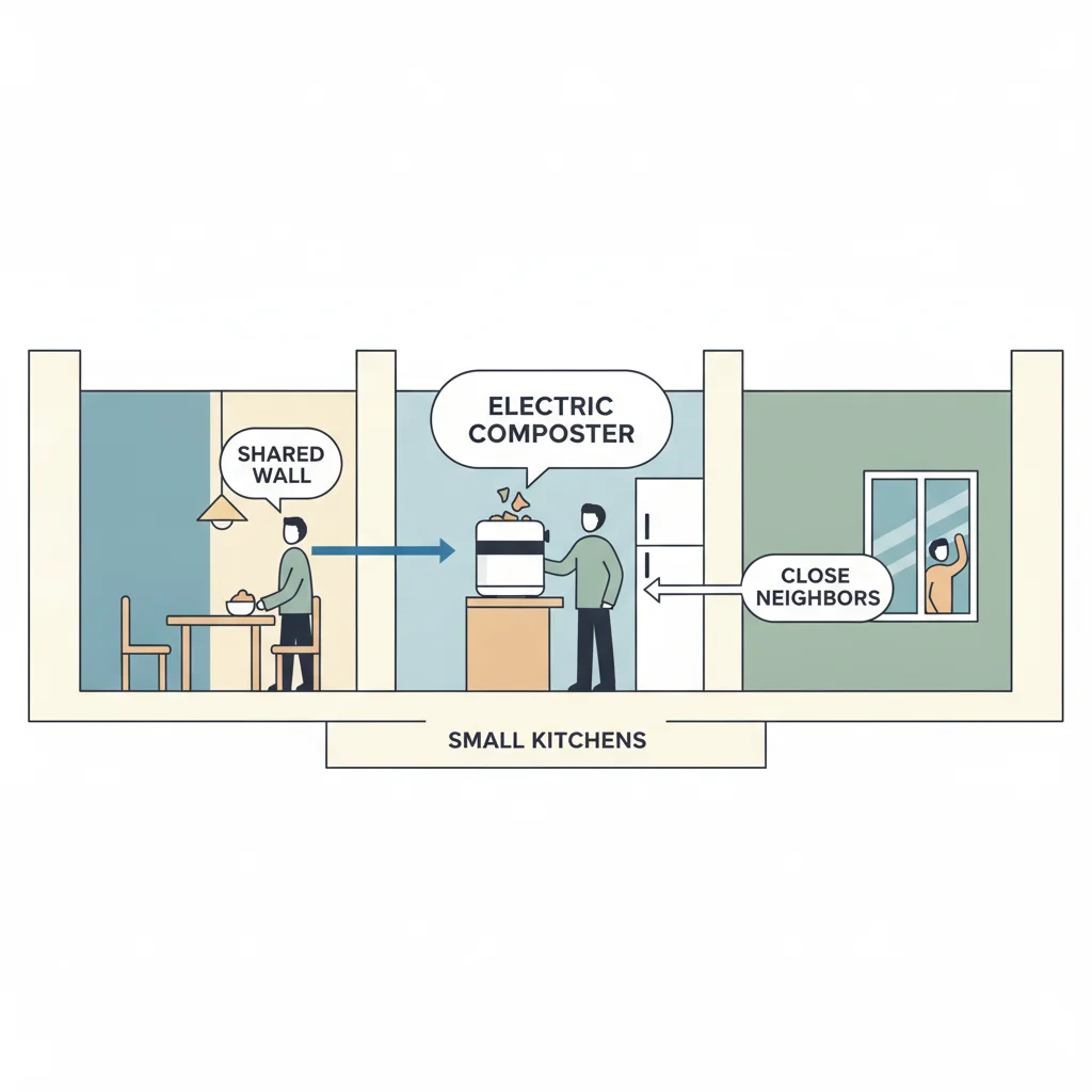 Real apartment testing conditions for electric kitchen composters showing small kitchens, shared walls, and close neighbor proximity