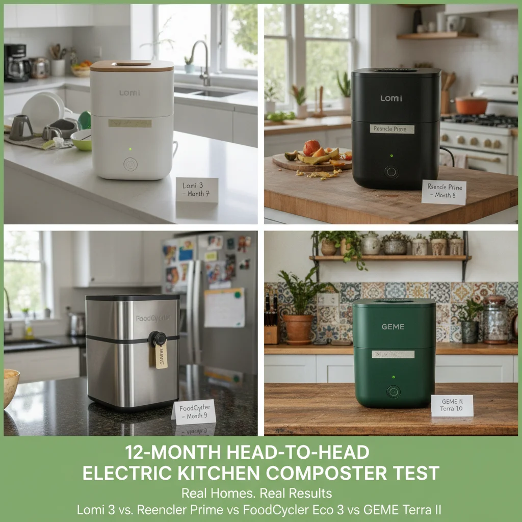 12-month head-to-head electric kitchen composter test showing Lomi 3, Reencle Prime, FoodCycler Eco 3, and GEME Terra II running in real homes