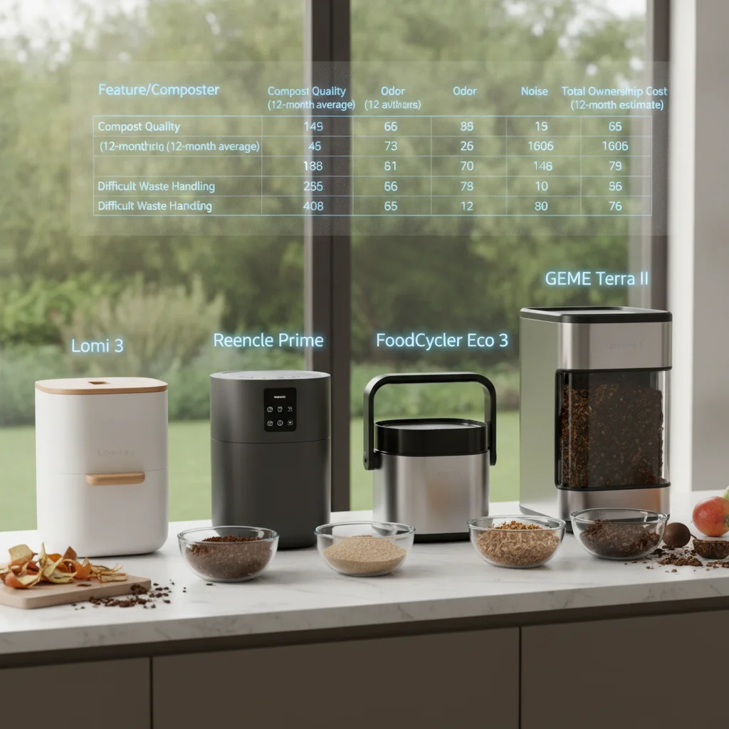 12-month comparison table of Lomi 3, Reencle Prime, FoodCycler Eco 3, and GEME Terra II on compost quality, difficult waste handling, odor, noise, and total ownership cost
