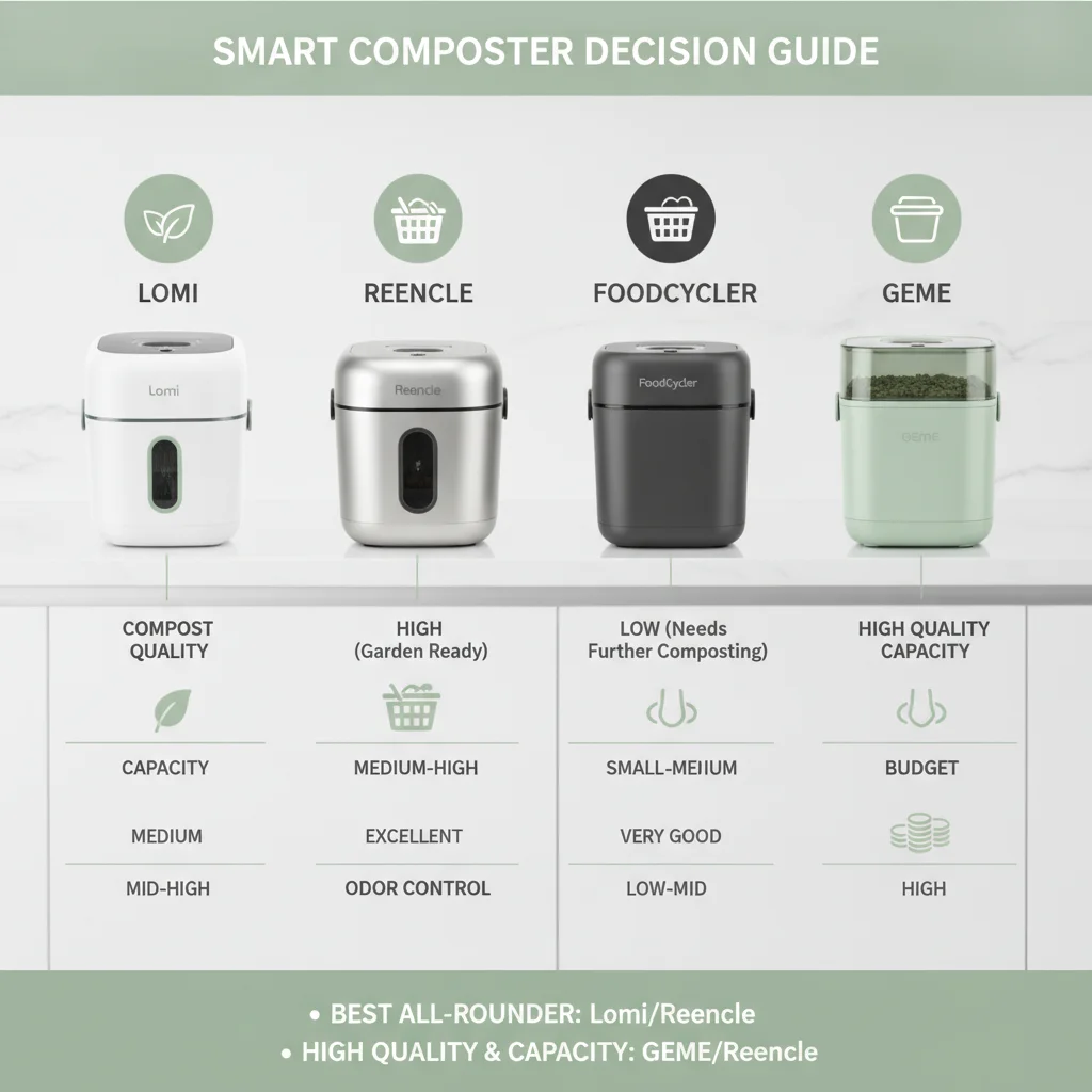 Decision guide for choosing between Lomi, Reencle, FoodCycler, and GEME based on priorities for compost quality, capacity, odor control, and budget