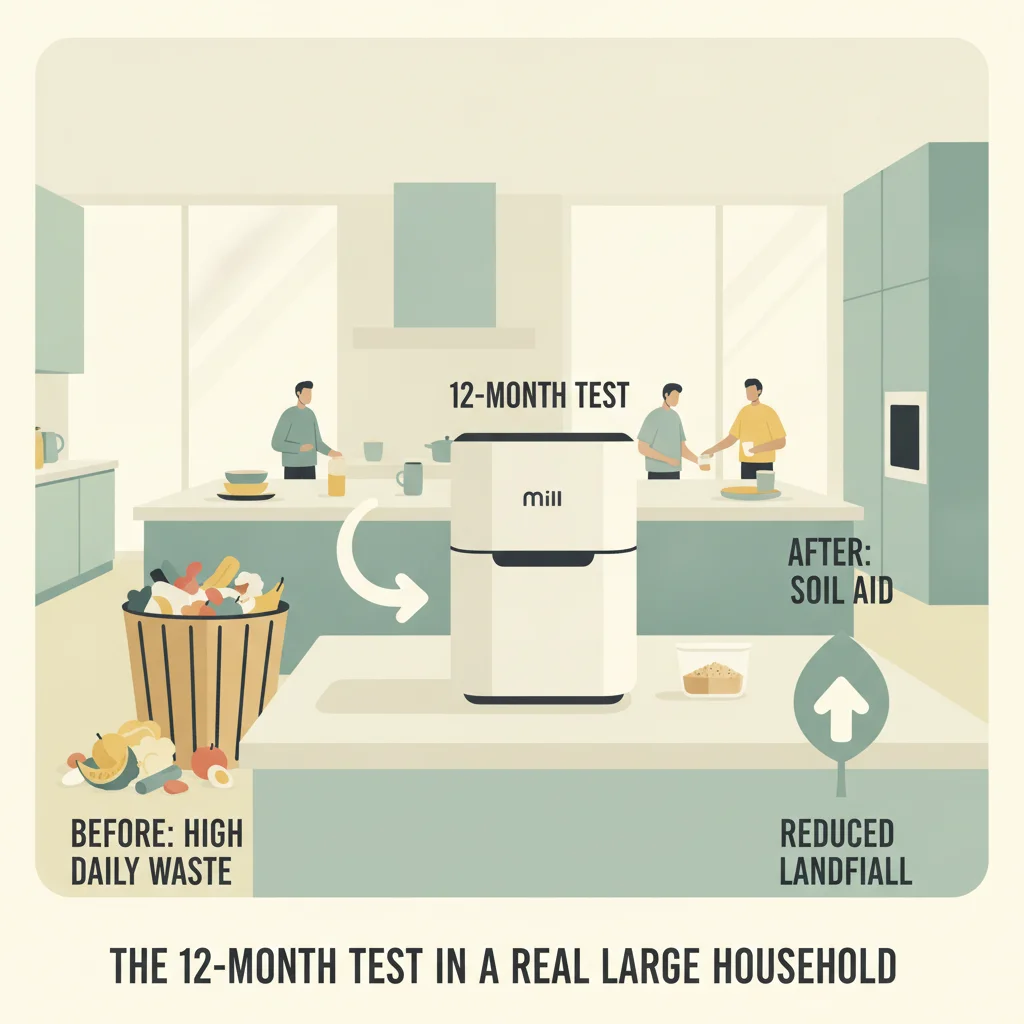 12-month Mill Food Recycler test in a large household showing the machine in a real kitchen with high daily food waste volume