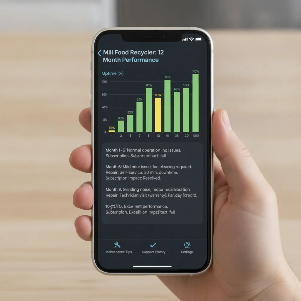 12-month maintenance and reliability log for the Mill Food Recycler showing actual issues, repairs, and subscription impact in a large household