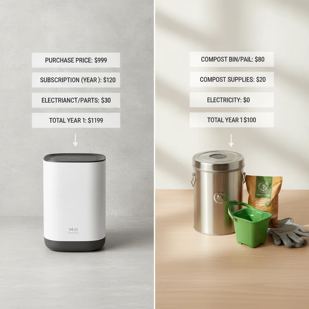 12-month total cost of ownership analysis for the Mill Food Recycler including purchase price, subscription, electricity, and maintenance compared to alternative approaches