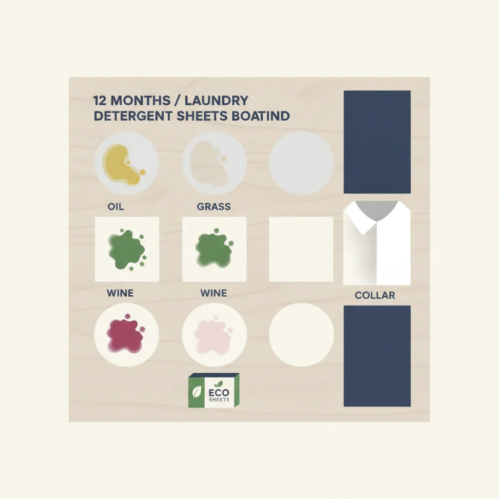 12-month laundry detergent sheets testing board showing oil, grass, wine, and collar swatches washed in cold HE cycles