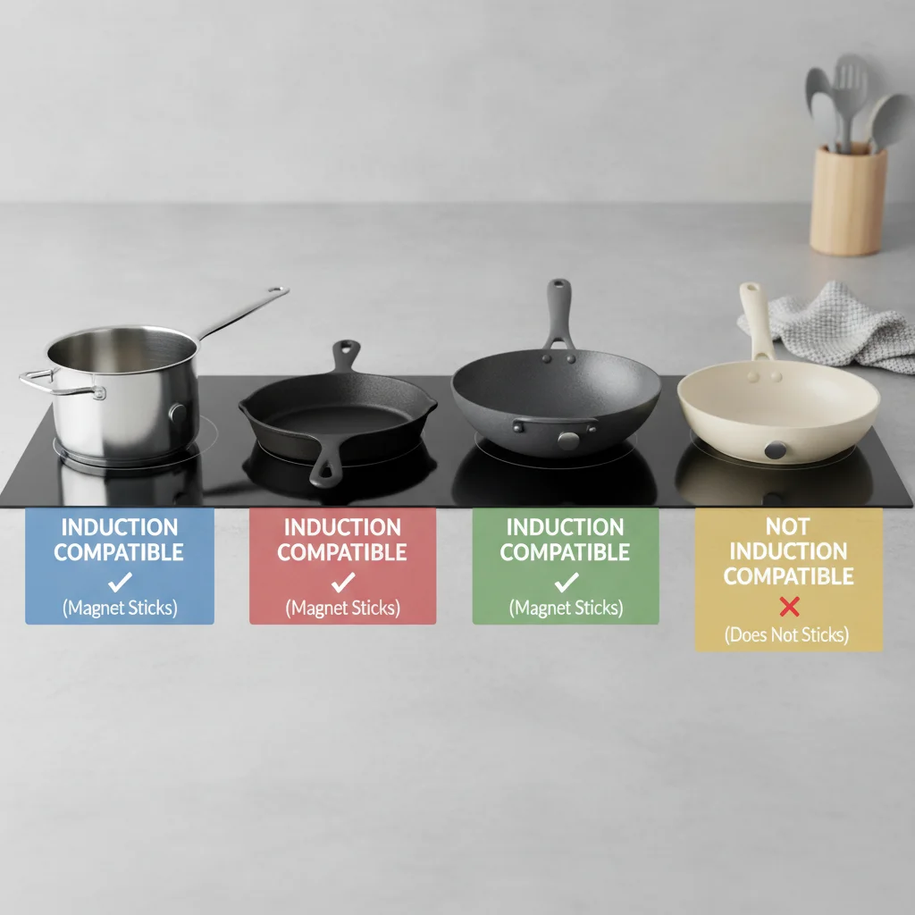 Side-by-side comparison of induction-compatible stainless, cast iron, carbon steel, and ceramic-coated pans with magnet-test labels on a cooktop