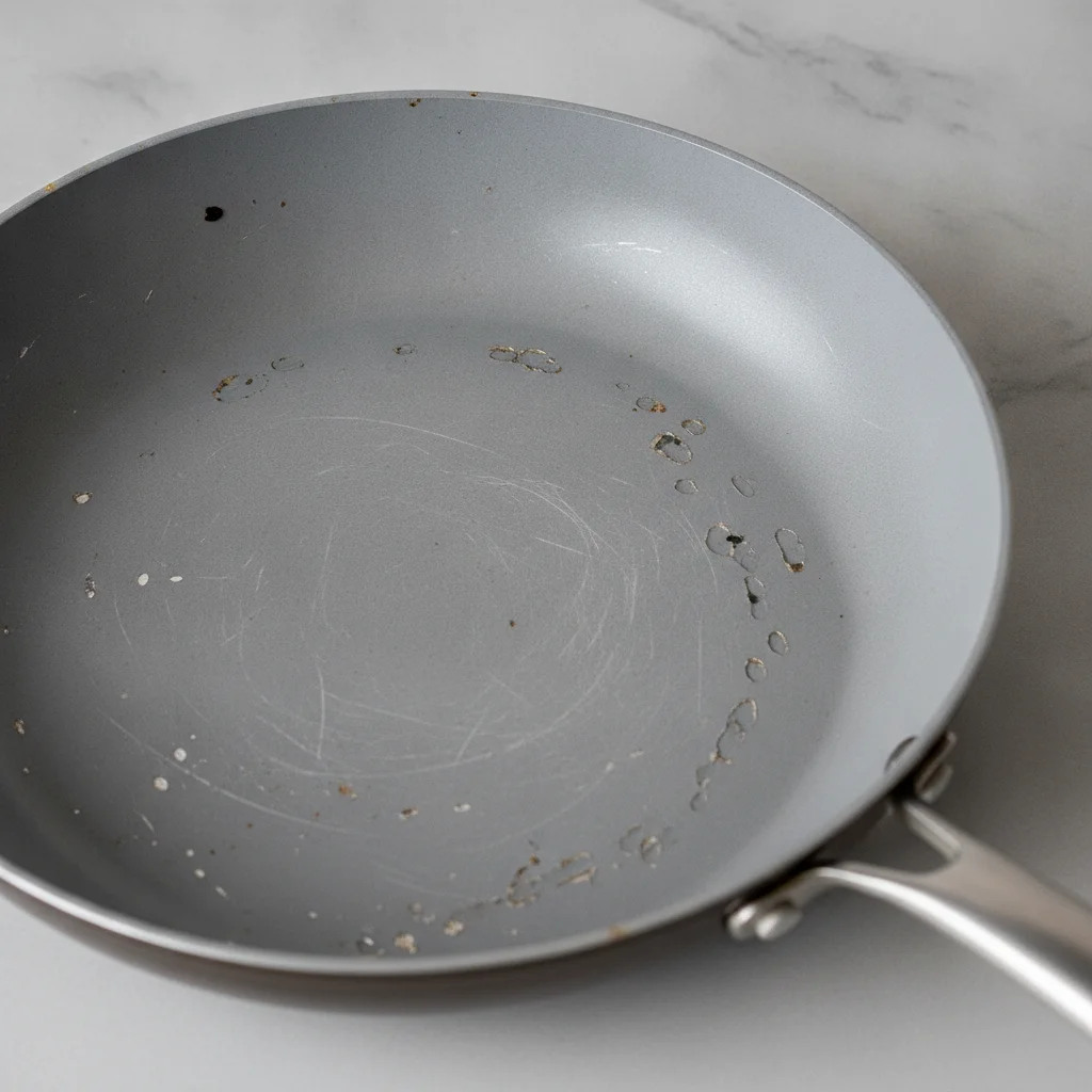 Close-up of a worn ceramic nonstick skillet showing coating chips and exposed dark aluminum substrate after two years of home cooking