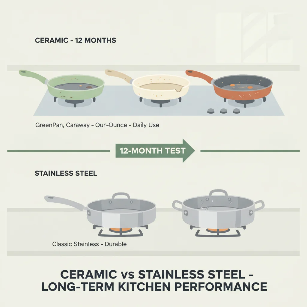 12-month ceramic vs stainless steel cookware test showing GreenPan, Caraway, Our Place, and stainless steel pans in real kitchen use