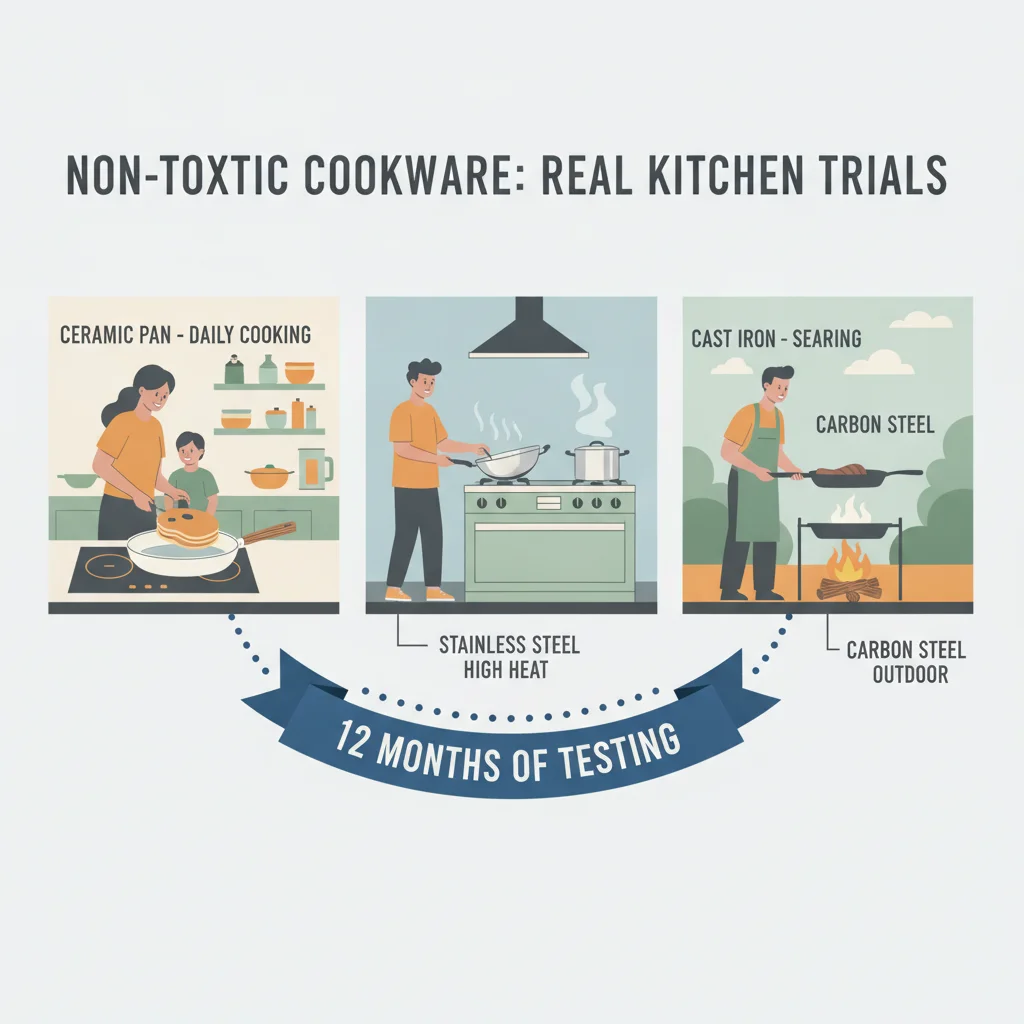 12-month non-toxic cookware testing in real kitchens showing ceramic, stainless steel, cast iron, and carbon steel pans in daily use